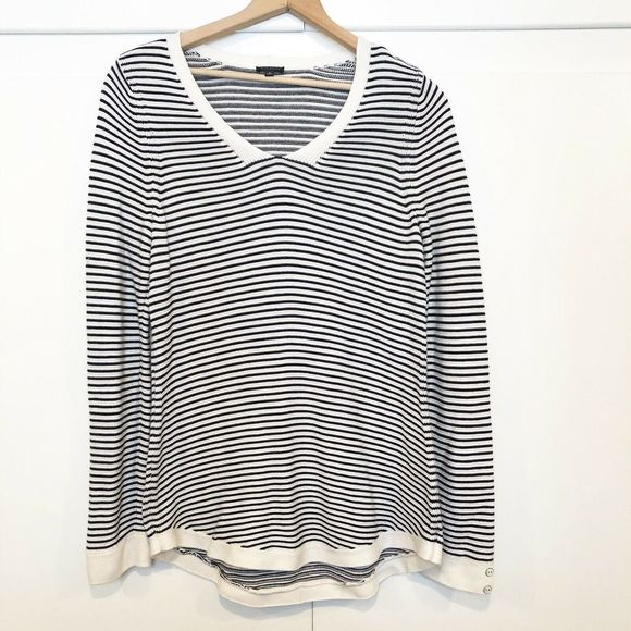 TALBOTS Medium V-Neck Stripe Sweater Black White - Picture 1 of 8